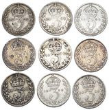 1902 - 1910 Threepences Lot (9 Coins) - Edward VII British Silver Coins Date Run