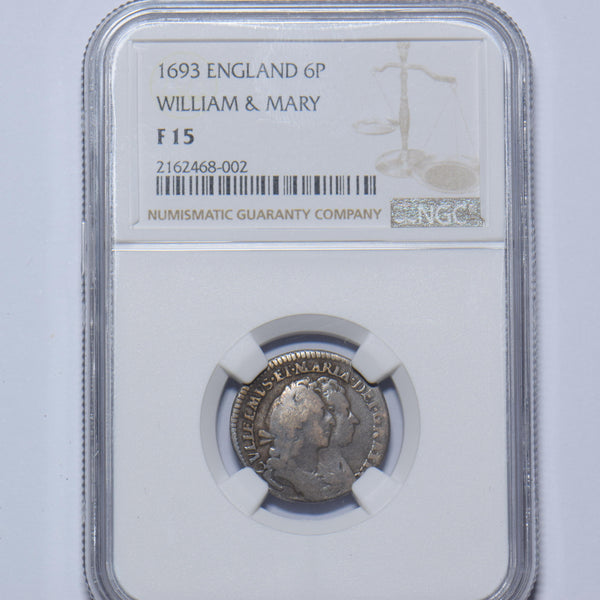 1693 Sixpence (NGC F 15) - William & Mary British Silver Coin