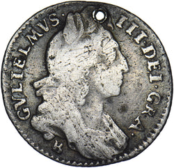 1696 B Sixpence (Holed) - William III British Silver Coin