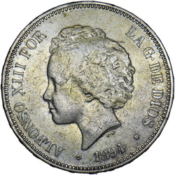 1894 Spain 5 Pesetas - Alfonso XIII Silver Coin - Nice
