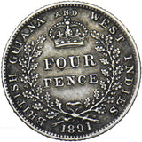 1891 British Guiana West Indies Four Pence - Victoria Silver Coin - Nice