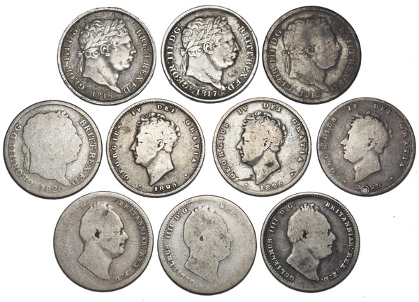 1816 - 1836 Shillings Lot (10 Coins) - British Silver Coins