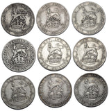 1911 - 1919 Shillings Lot (9 Coins) - George V British Silver Coins - Date Run