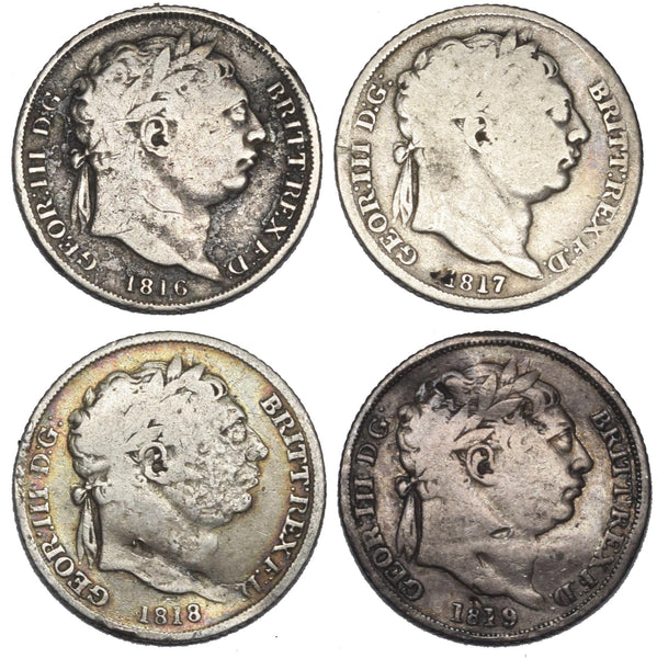 1816 - 1819 Sixpences Lot (4 Coins) - George III British Silver Coins - Date Run