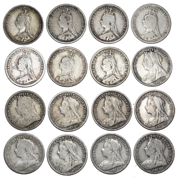 1887 - 1901 Threepences Lot (16 Coins) - Victoria British Silver Coins Date Run