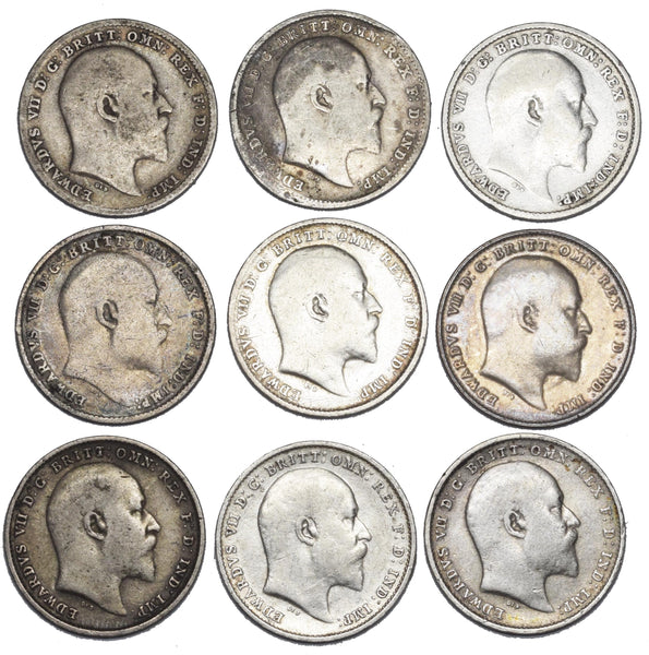 1902 - 1910 Threepences Lot (9 Coins) - Edward VII British Silver Coins Date Run