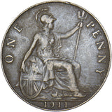 1911 Penny (Hollow Neck) - George V British Bronze Coin - Nice