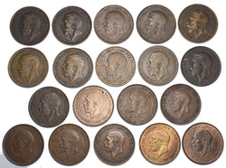 1911 - 1936 Better Grade Pennies Lot (19 Coins) - George V British Bronze Coins