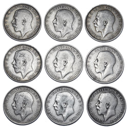 1911 - 1919 Florins Lot (9 Coins) - George V British Silver Coins - Date Run