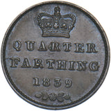 1839 Quarter Farthing - Victoria British Copper Coin - Very Nice