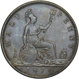 1870 Halfpenny - Victoria British Bronze Coin - Very Nice