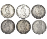 1887 - 1892 Shillings Lot (6 Coins) - Victoria British Silver Coins - Date Run