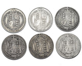 1887 - 1892 Shillings Lot (6 Coins) - Victoria British Silver Coins - Date Run