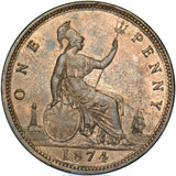 1874 Penny (F70 7+G) - Victoria British Bronze Coin - Very Nice