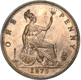 1875 Penny (F80 8+H) - Victoria British Bronze Coin - Very Nice