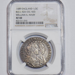 1689 Halfcrown (NGC XF 40) - William & Mary British Silver Coin - Nice