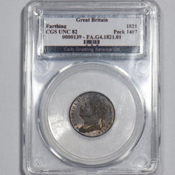 1821 Farthing (CGS 82) - George IV British Copper Coin - Superb
