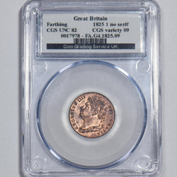 1825 Farthing (CGS 82) - George IV British Copper Coin - Superb