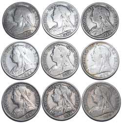 1893 - 1901 Halfcrowns Lot (9 Coins) - Victoria British Silver Coins - Date Run