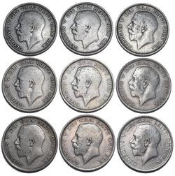 1911 - 1919 Halfcrowns Lot (9 Coins) - George V British Silver Coins - Date Run