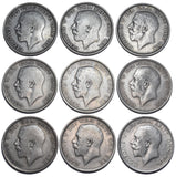 1911 - 1919 Halfcrowns Lot (9 Coins) - George V British Silver Coins - Date Run