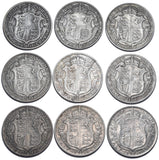 1911 - 1919 Halfcrowns Lot (9 Coins) - George V British Silver Coins - Date Run
