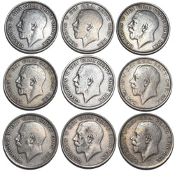 1911 - 1919 Halfcrowns Lot (9 Coins) - George V British Silver Coins - Date Run