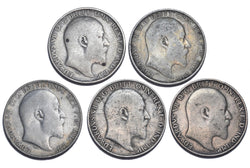 1902 - 1910 Florins Lot (5 Coins) - Edward VII British Silver Coins