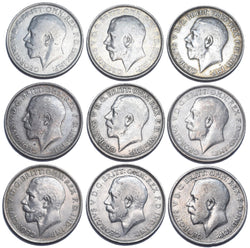 1911.- 1919 Florins Lot (9 Coins) - George V British Silver Coins