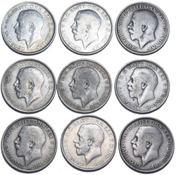 1911.- 1919 Florins Lot (9 Coins) - George V British Silver Coins