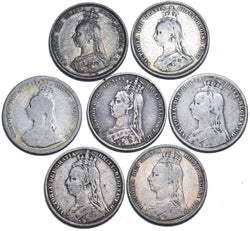 1887 - 1892 Shillings Lot (7 Coins inc SH 1889) - Victoria British Silver Coins
