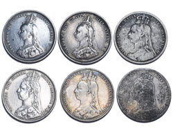 1887 - 1892 Shillings Lot (6 Coins) - Victoria British Silver Coins - Date Run