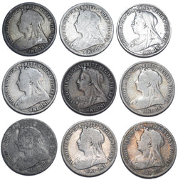 1893 - 1901 Shillings Lot (9 Coins) - Victoria British Silver Coins - Date Run