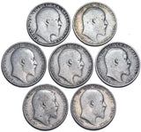 1902 - 1910 Shillings Lot (7 Coins) - Edward VII British Silver Coins