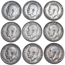 1911.- 1919 Shillings Lot (9 Coins) - George V British Silver Coins