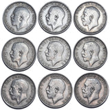 1911.- 1919 Shillings Lot (9 Coins) - George V British Silver Coins