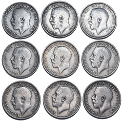 1911.- 1919 Shillings Lot (9 Coins) - George V British Silver Coins