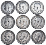 1911.- 1919 Shillings Lot (9 Coins) - George V British Silver Coins