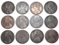 1860 - 1871 Pennies Lot (12 Coins) - Victoria British Bronze Coins - Date Run