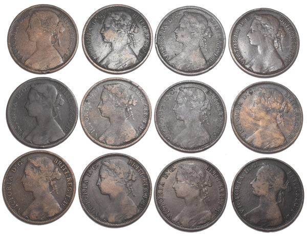 1873 - 1881 Pennies Lot (12 Coins) - Victoria British Bronze Coins - Date Run