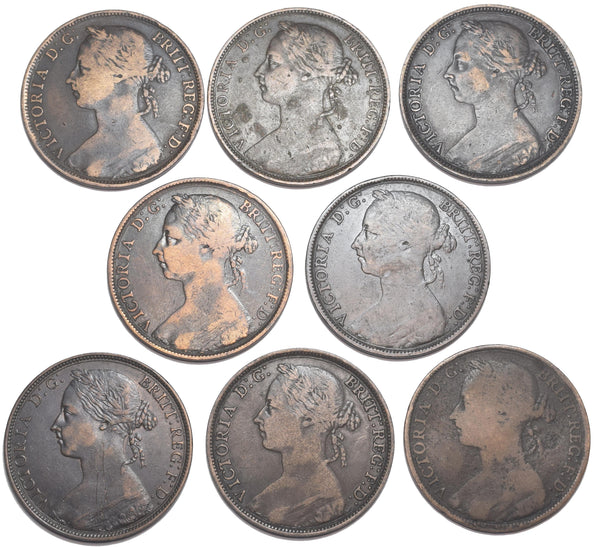 1887 - 1894 Pennies Lot (8 Coins) - Victoria British Bronze Coins - Date Run