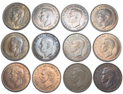 1937 - 1951 Pennies Lot (12 Coins) - George VI British Bronze Coins