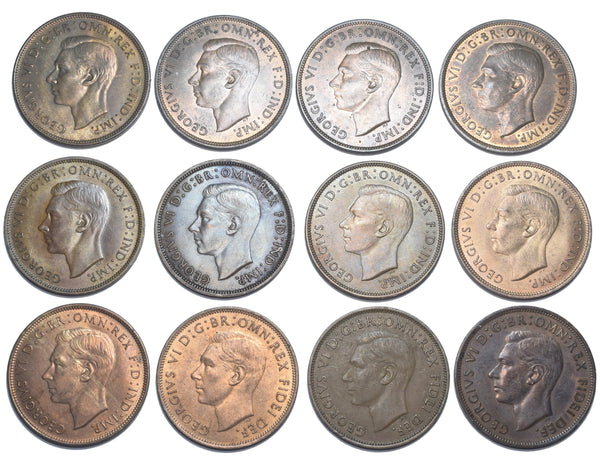1937 - 1951 Pennies Lot (12 Coins) - George VI British Bronze Coins