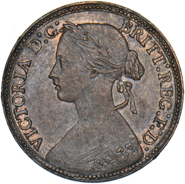 1860 Farthing (Beaded Border) - Victoria British Bronze Coin - Very Nice