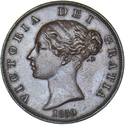 1859 Halfpenny (9 Over 8) - Victoria British Copper Coin - Very Nice