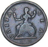 1736 Farthing - George II British Copper Coin