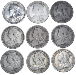 1893 - 1901 Halfcrowns Lot (9 Coins) - Victoria British Silver Coins - Date Run