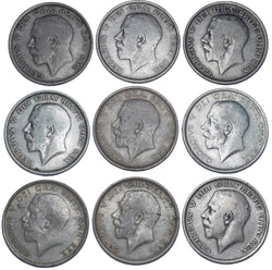 1911 - 1919 Halfcrowns Lot (9 Coins) - George V British Silver Coins - Date Run