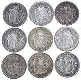 1911 - 1919 Halfcrowns Lot (9 Coins) - George V British Silver Coins - Date Run