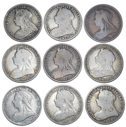 1893 - 1901 Florins Lot (9 Coins) - Victoria British Silver Coins - Date Run